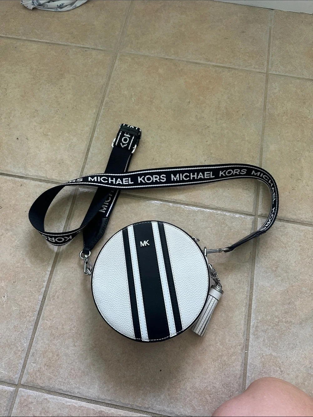 Michael Kors White Round Crossbody with Black Stripes and Branded Strap